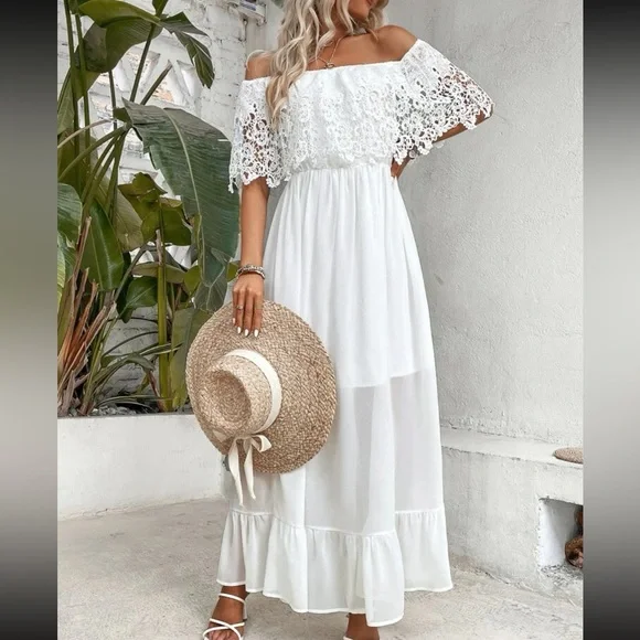 Boho white off shoulder lace ruffle hem maxi dress - Picture 3 of 6